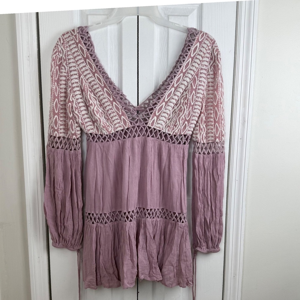 Free People Dusk Till Dawn Mini Dress in Mauve Sz 6 Boho Lace Cottagecore - Picture 3 of 15